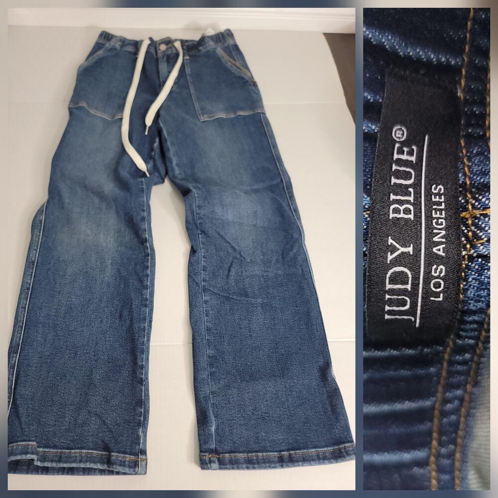 Judy Blue Jeans SZ 29 Straight Wide Leg High Rise Drawstring Button Dark Wash